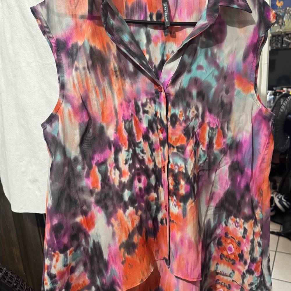 Celine Vibrant Sleeveless Blouse - Pink, Orange, Black